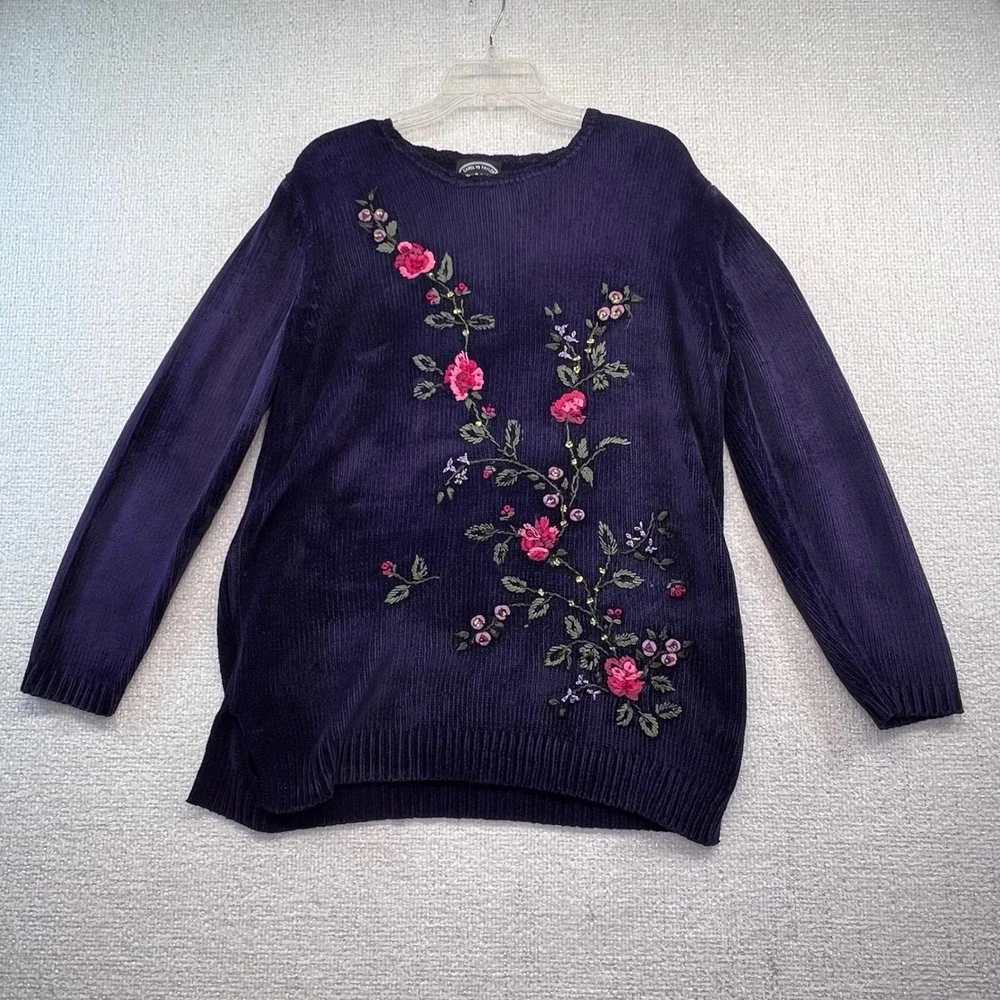 Vintage Carolyn Taylor Purple Chenille Floral Embroidered Beaded Sweater S Korea